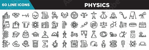 physics line icons set. linear icons collection. high school, drugs, life line, anthropology vector illustration