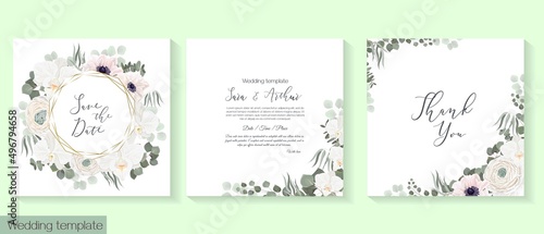 Vector floral template for wedding invitations. White orchids, anemones, roses, ranunculus, eucalyptus, green herbs and plants, round polygonal frame. 