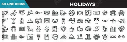 holidays line icons set. linear icons collection. plate, knife and fork, traveler at the airport, airplane tickets, baggage verification vector illustration