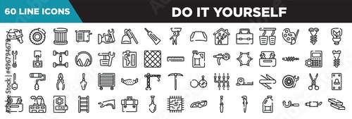do it yourself line icons set. linear icons collection. car painting, brake disc, oil filter, vise vector illustration