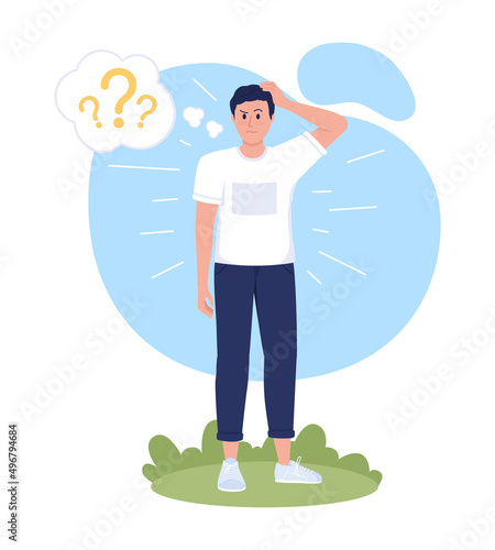 Feeling confused 2D vector isolated illustration. Doubting and questioning flat character on cartoon background. Man scratching head colourful scene for mobile, website, presentation