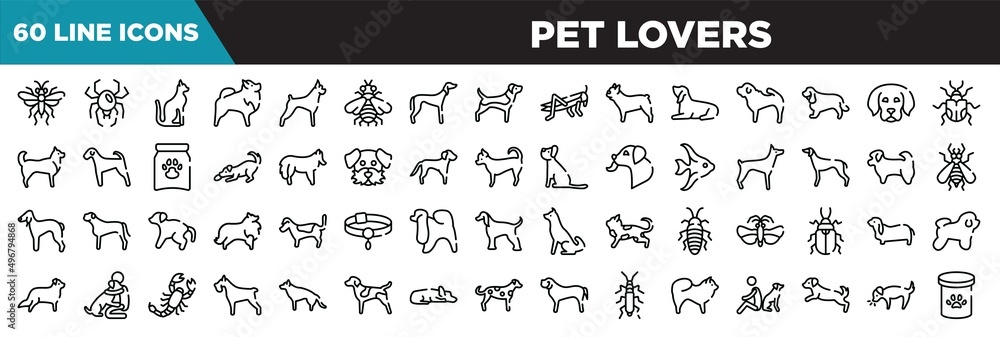 pet lovers line icons set. linear icons collection. sawfly, spider black widow, egyptian cat, pomeranian, vector illustration
