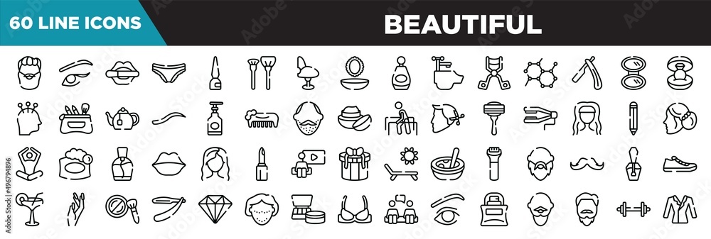 beautiful line icons set. linear icons collection. man with moustache and bear, two eyeliners, women lipstick, panties vector illustration