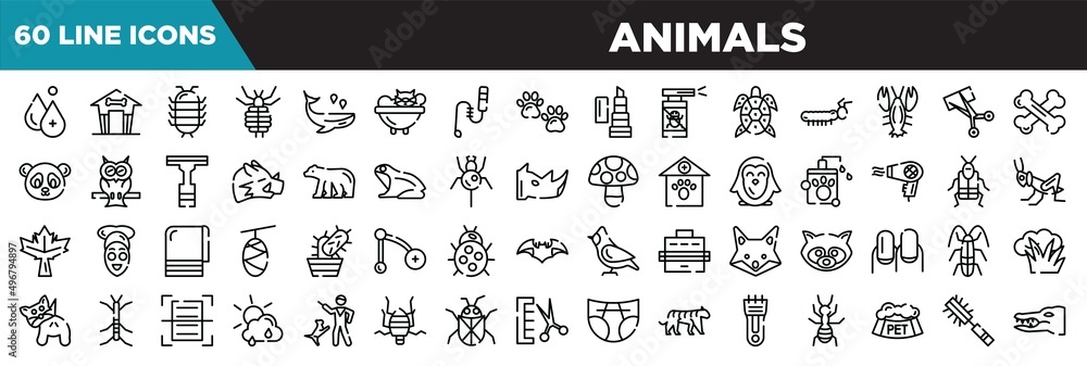 Fototapeta premium animals line icons set. linear icons collection. hydrotherapy, pet house, cochineal, louse vector illustration