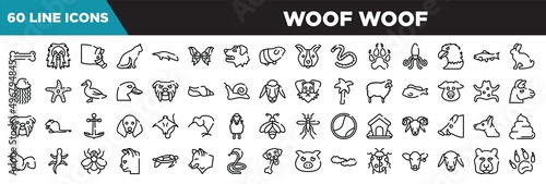 woof woof line icons set. linear icons collection. dog bone, long haired dog head, hog head, sitting cat vector illustration