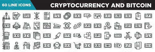 cryptocurrency and bitcoin line icons set. linear icons collection. fund, attachment, firewall, node vector illustration