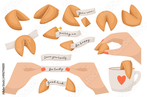 Set of Fortune Cookies with Lucky Forecasting on Paper Pieces. Surprised Message inside of Bake. Chinese Traditional Food, Prediction for Future, Lottery, Destiny Forecast. Cartoon Vector Illustration