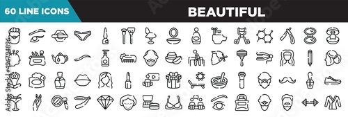 beautiful line icons set. linear icons collection. man with moustache and bear, two eyeliners, women lipstick, panties vector illustration