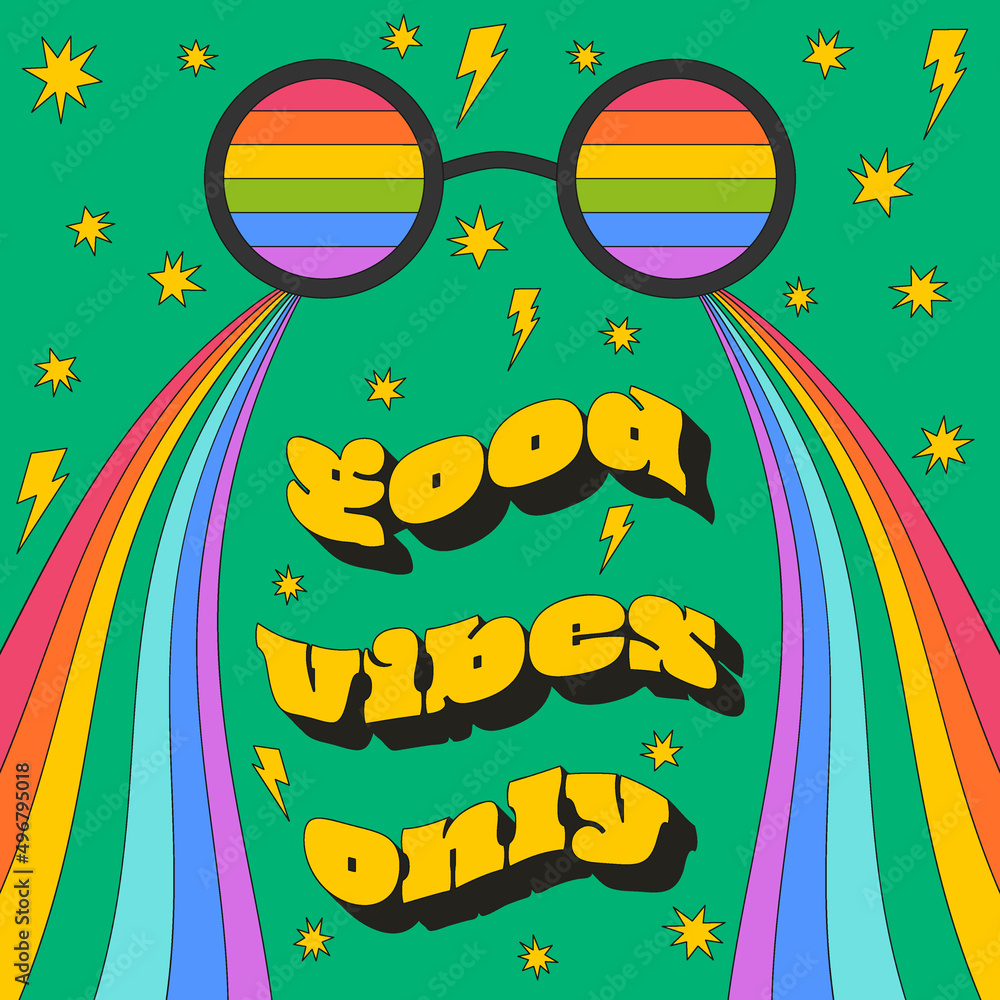 A square retro vintage card with the typographic phrase Good vibes only. Rainbow glasses and waves, stars with a stroke. Vector poster on a bright green background.