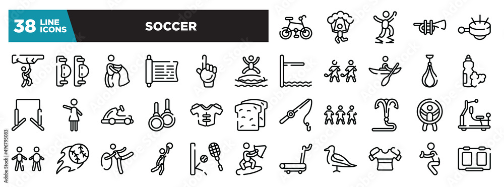 set of soccer icons in thin line style. outline web icons collection. mountain bike, skydiving, powerbocking, ets, ringer vector illustration set of soccer icons in thin line style. outline web icons collection. mountain bike, skydiving, powerbocking, ets, ringer vector illustration