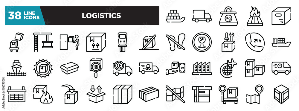 set of logistics icons in thin line style. outline web icons collection. sea ship with containers, free delivery truck, kilogram, heat treated wood, opened packaged vector illustration