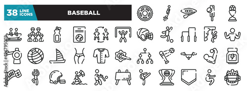 set of baseball icons in thin line style. outline web icons collection. sprocket  flyboard  canoeing  crocket  football trophy vector illustration