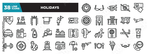 set of holidays icons in thin line style. outline web icons collection. airplanes on radar, old fashion glasses, blimp, no photos, airplane flight ticket vector illustration