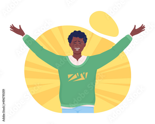Happiness 2D vector isolated illustration. Excited and cheerful flat character on cartoon background. Man feeling happy and satisfied colourful scene for mobile, website, presentation