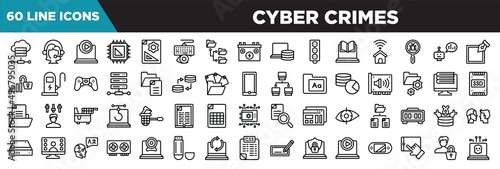 cyber crimes line icons set. linear icons collection. online server, assistant, multimedia player, processor vector illustration