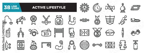 set of active lifestyle icons in thin line style. outline web icons collection. crank, routine, no sweets, glass award, race track vector illustration