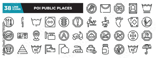 set of poi public places icons in thin line style. outline web icons collection. no arms, drying line, site seeing place, woman portrait, delicate washcycle vector illustration