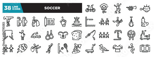 set of soccer icons in thin line style. outline web icons collection. mountain bike, skydiving, powerbocking, ets, ringer vector illustration