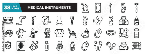set of medical instruments icons in thin line style. outline web icons collection. hair wash, bedpan, pike pole, orthopedics, neurology reflex hammer vector illustration