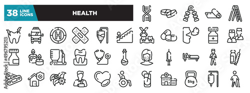 set of health icons in thin line style. outline web icons collection. chromosome string, medicine tablets, hand grip, yoga mat, mechanical ladder vector illustration