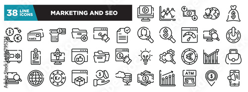 set of marketing and seo icons in thin line style. outline web icons collection. play video, two lines chart, dollar rates, user, big dollar bag vector illustration