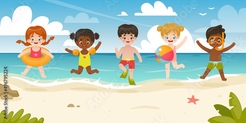 Set of cartoon kids jumping on the summer beach. Adorable children playing on the sea coast panorama.