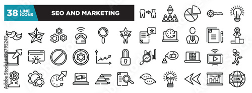 set of seo and marketing icons in thin line style. outline web icons collection. weight loss, seminar, diagrams, keywords, lightbulb vector illustration