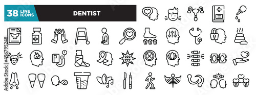 set of dentist icons in thin line style. outline web icons collection. feelings, sick boy, reproductive system, vademecum, pear enema vector illustration