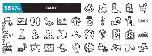 set of baby icons in thin line style. outline web icons collection. crying, swelling, urticaria, medical certificate, blood pressure meter vector illustration
