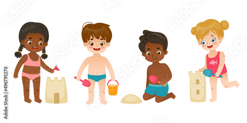 Set of cartoon kids playing with sand on the beach. Collection of cute children building sand castle.