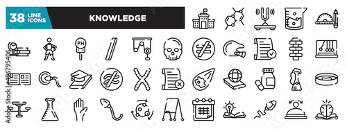 set of knowledge icons in thin line style. outline web icons collection. high school, chemical bond, tuning fork, agitator, drawing tools vector illustration