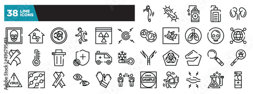 set of icons in thin line style. outline web icons collection. difficulty brea, bacterium, hand sanitizer, hand soap, kidney vector illustration