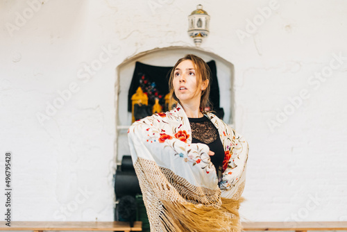 flamenco woman dancer with manila shawl