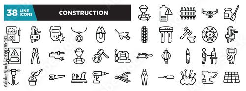set of construction icons in thin line style. outline web icons collection. electrician, empty battery, fences, sawmill, turquoise vector illustration
