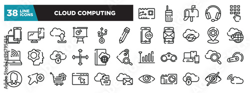 set of cloud computing icons in thin line style. outline web icons collection. printed circuit, satellite phone, , heads with microphone, entering password vector illustration