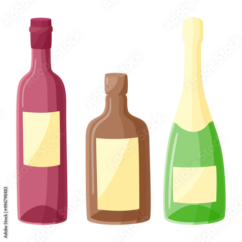 Set of bottles of alcohol drinks in flat style. Wine, whiskey and champagne bar bottles.