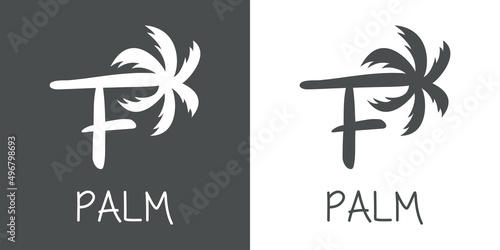 Logotipo texto Palm con letra F en tipografía con forma de silueta de palmera en fondo gris y fondo blanco