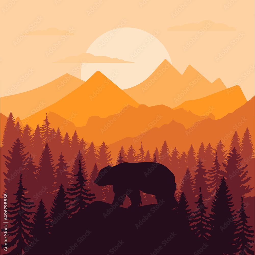 vector mountains forest woodland background texture seamless pattern with brown grizzly bear EPS - obrazy, fototapety, plakaty 