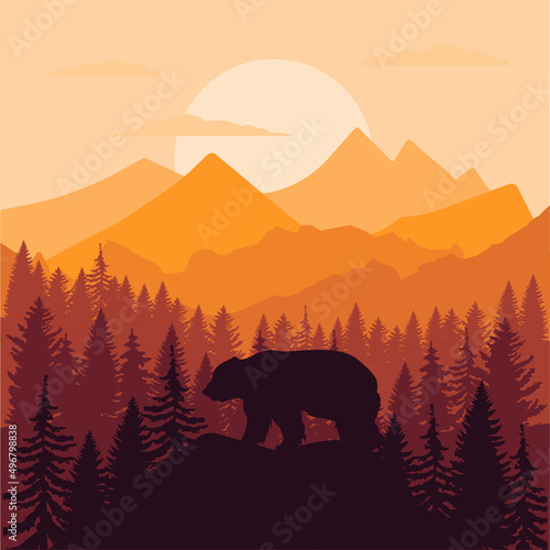 vector mountains forest woodland background texture seamless pattern with brown grizzly bear EPS