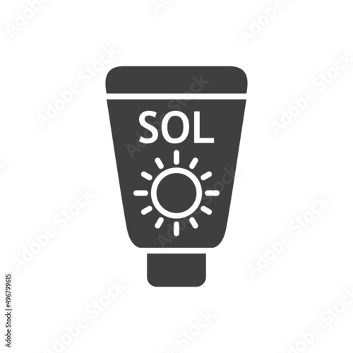Vacaciones de verano. Crema solar. Logotipo lineal con texto Sol en español en botella con líneas en color gris