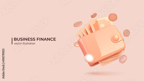 3D render of pink wallet with paper money and coins around it. Wallet with money dollar bank note - realistic vector illustration in cartoon minimal style. Online payment concept.