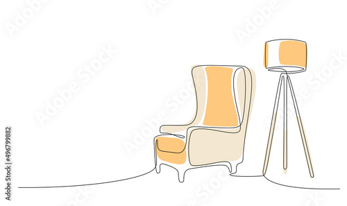 Continuous line drawing of armchair and lamp. One line of interior Living room with modern furniture with color abstract shapes. Single line elements. Hand draw contour of indoor. Doodle illustration