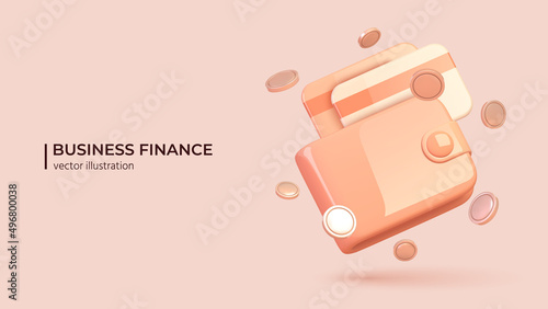 3D render of pink wallet with cards and coins around it. Wallet with money dollar bank note - realistic vector illustration in cartoon minimal style. Online payment concept.