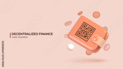 3D Icon of digital wallet application on mobile in trendy color with coins around. Realistic vector illustration in cartoon minimal style.