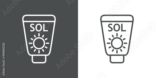 Vacaciones de verano. Crema solar. Logotipo lineal con texto Sol en español en botella con líneas en fondo gris y fondo blanco