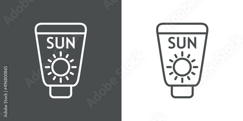 Vacaciones de verano. Crema solar. Logotipo lineal con texto Sun en botella con sol con líneas en fondo gris y fondo blanco