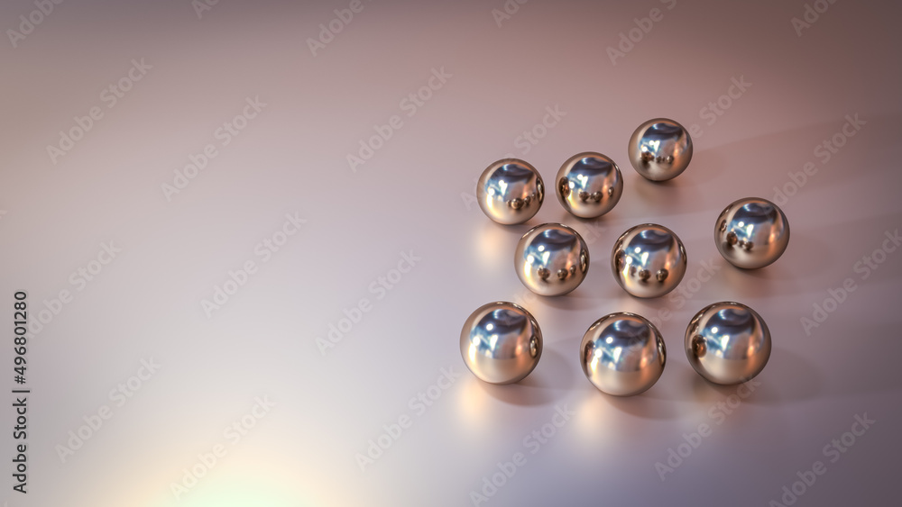 Group of Copper glass spheres on the surface of the surface. Abstract silver glossy balls on reflect gradient background. Shapes. 3d render. Group of Copper glass spheres on the surface of the surface. Abstract silver glossy balls on reflect gradient background. Shapes. 3d render.
