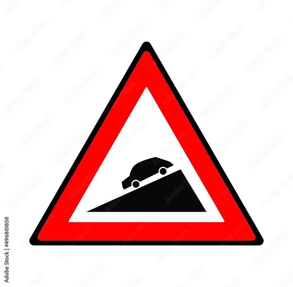 Down steep road sign. Triangle shaped board having car coming from inclined plane denoting steep downwards icon. Down steep road sign. Triangle shaped board having car coming from inclined plane denoting steep downwards icon.
