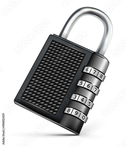 Metal lock with numeric code on white background