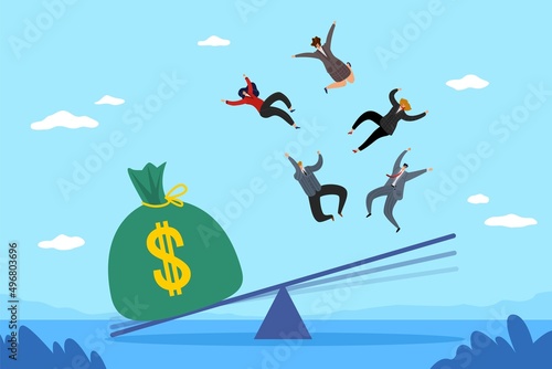Big money gets rid of people. Human greed, commercialism, huge bag of money on scales, men and women thrown into sky, breakup of friendships and relationships due to income vector concept